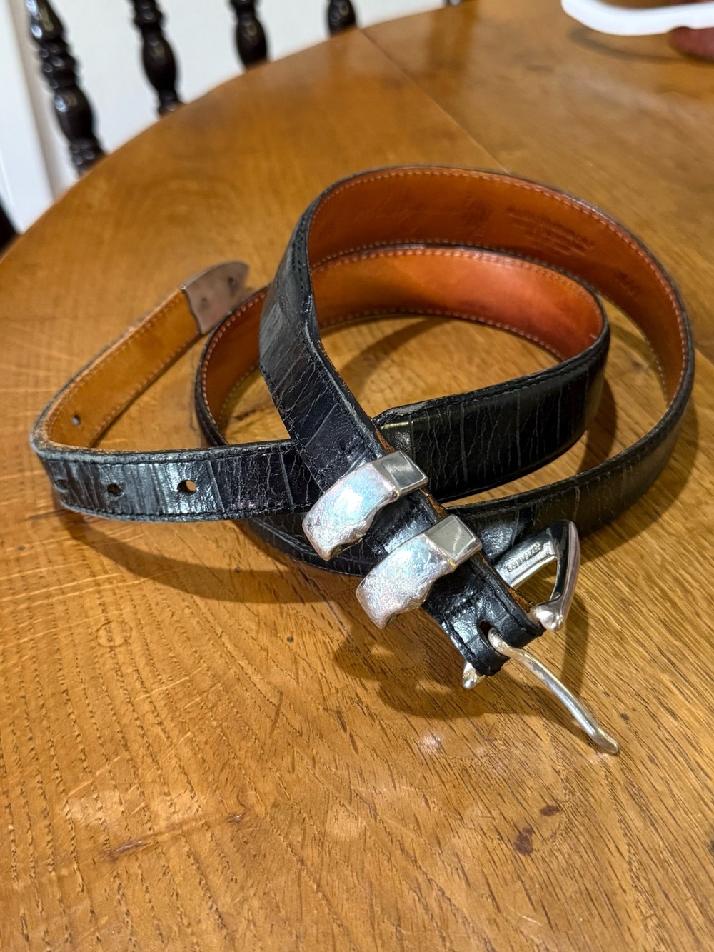 Martin Dingman Black Leather Belt with Silver Buckle 95/38 Aligator Grain Calf